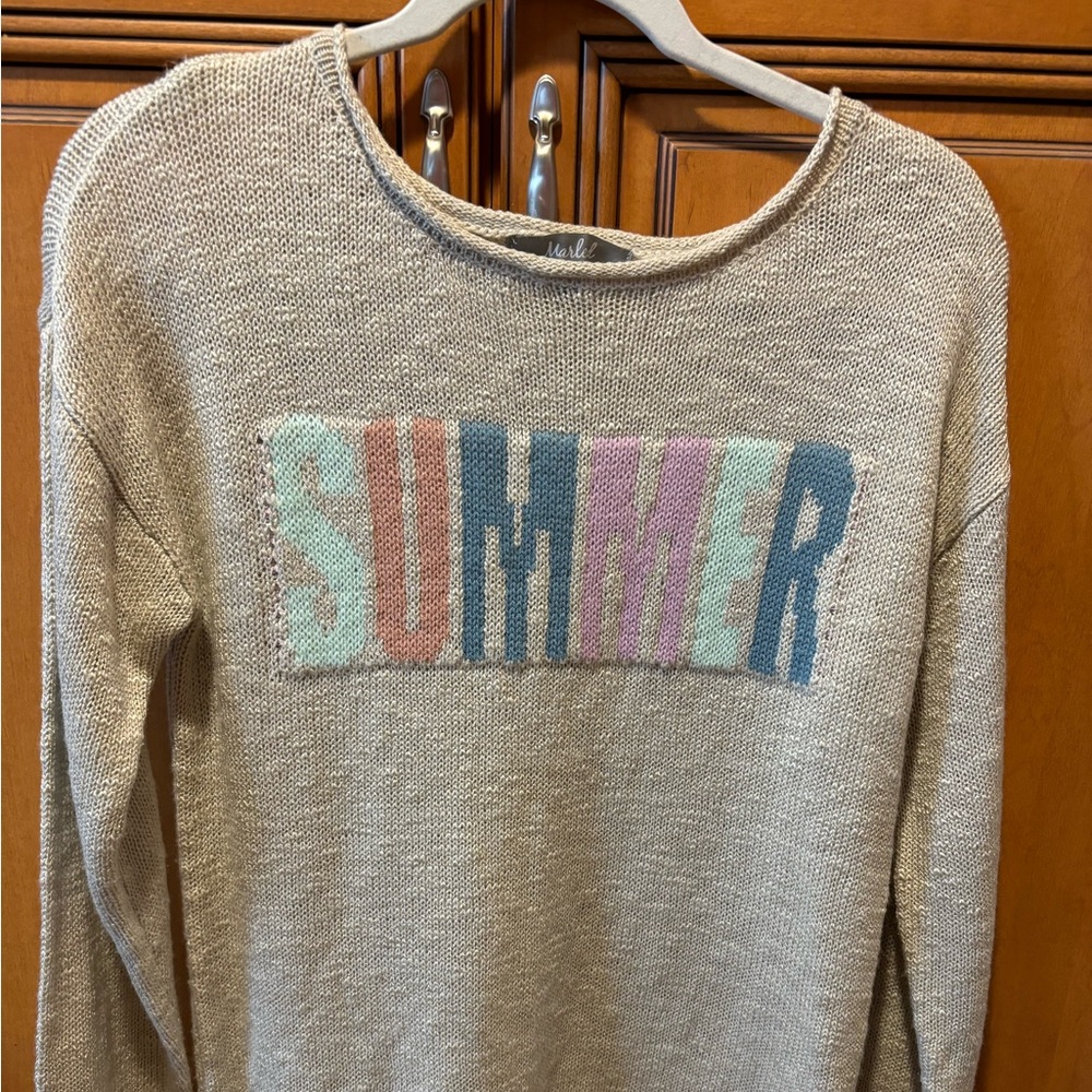 Marled “Summer” sweater and cream with multicolor letters. Size small.